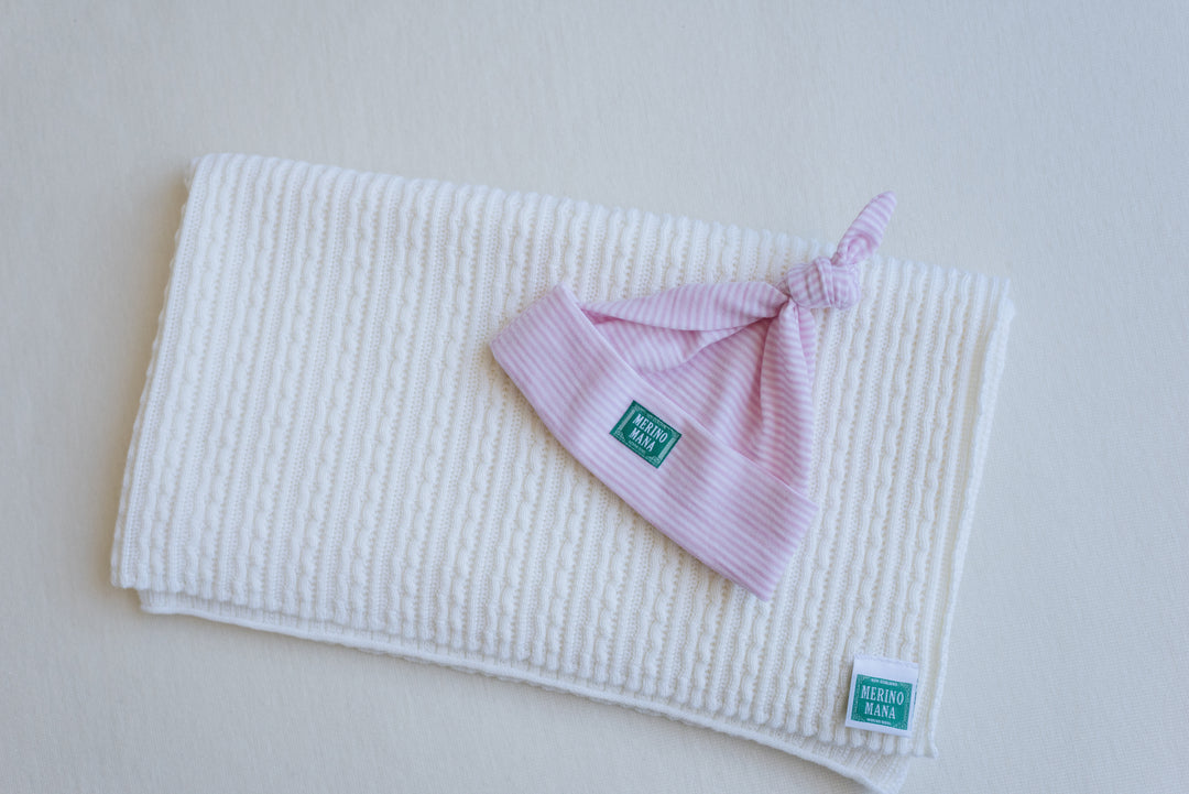 Merino wool baby blanket and merino wool baby hat made in new zealand