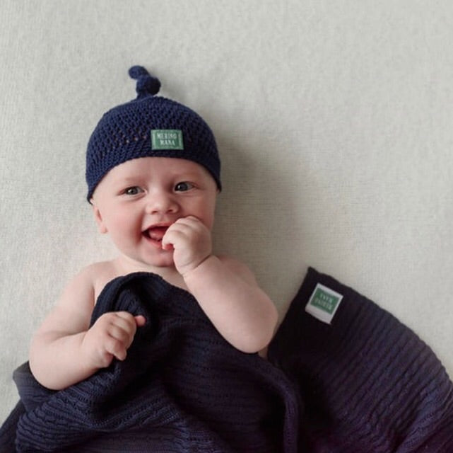 Navy Merino wool baby blanket and beanie gift set, made in new zealand