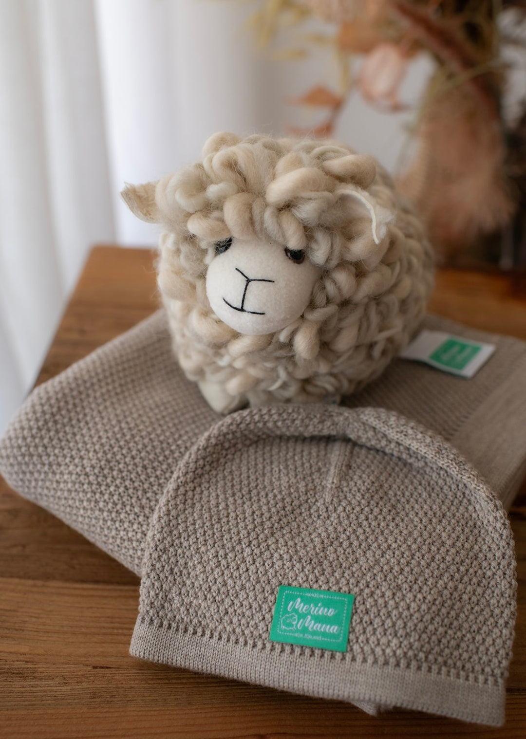Moss Stitch Blanket, Beanie and Sheep Gift Set