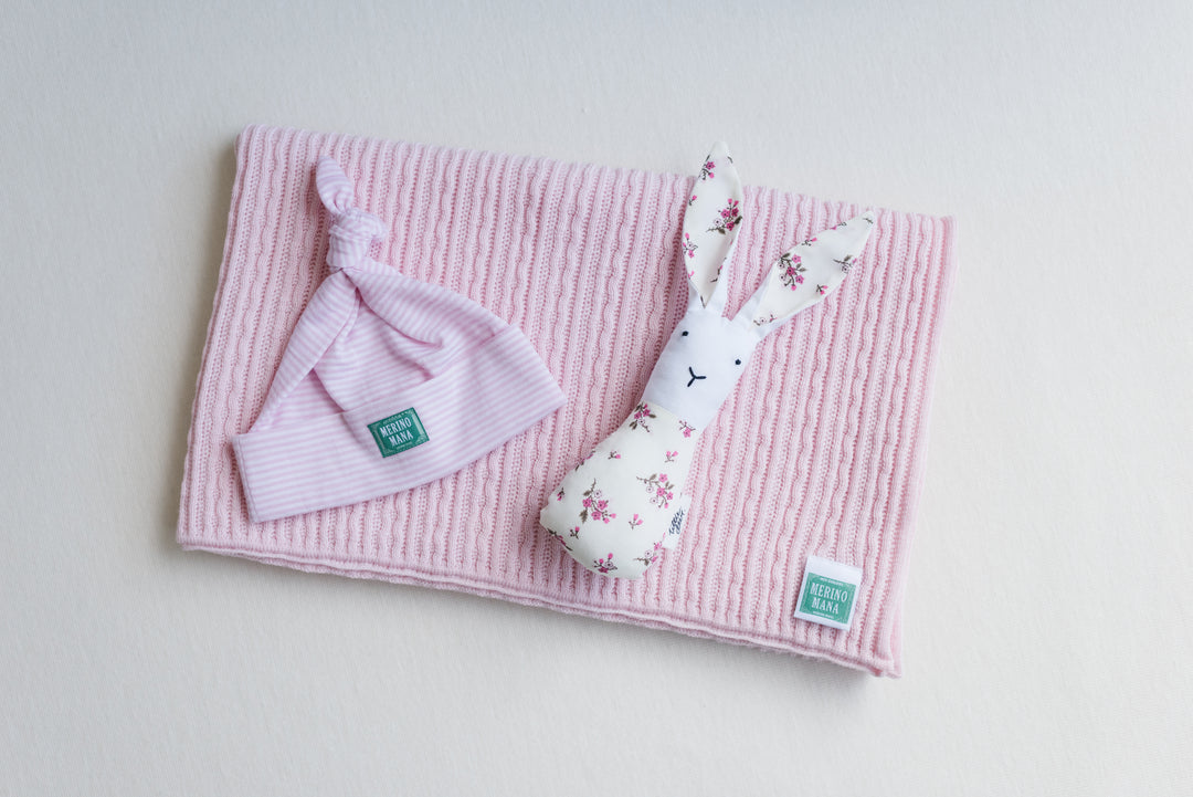 Merino Wool Blanket, Baby Beanie and Soft Toy Gift Set