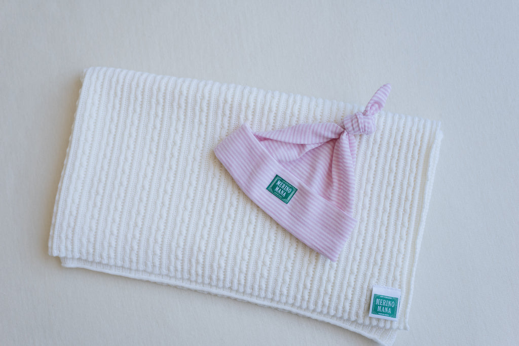 Merino wool baby blanket and merino wool baby hat made in new zealand