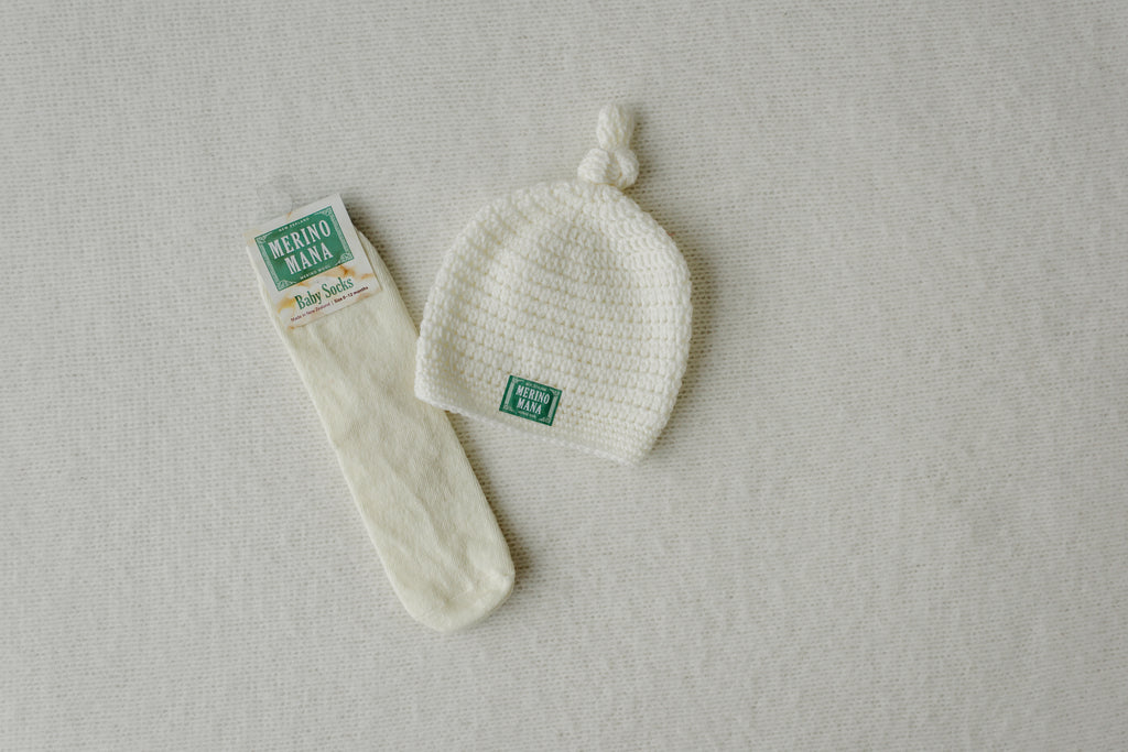 merino wool baby hat and socks made in new zealand