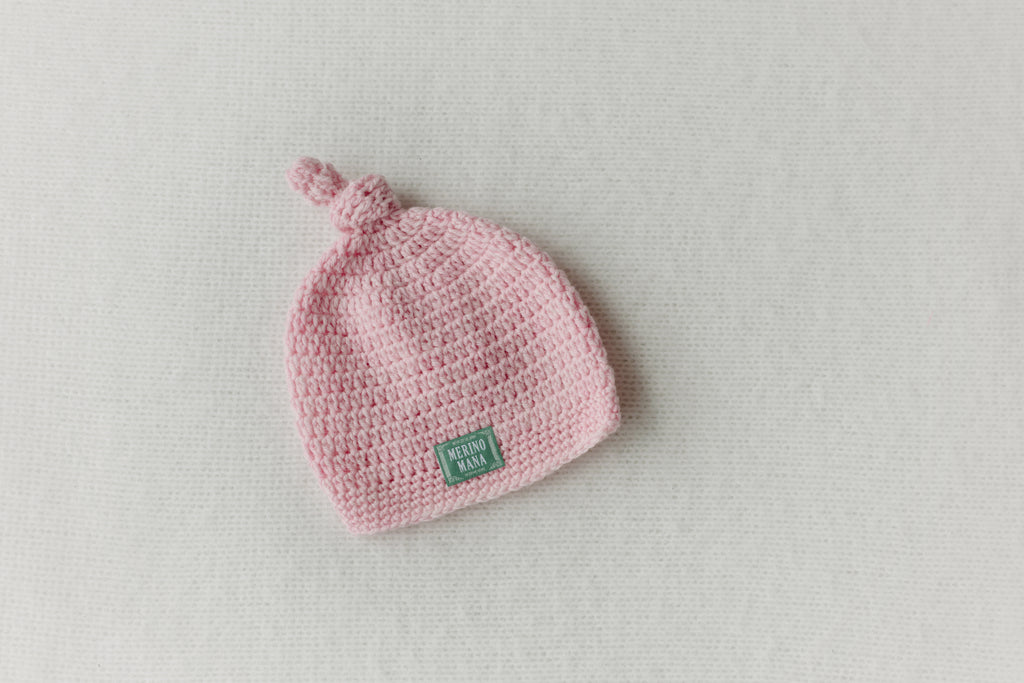 Pink merino wool crochet baby beanie made in new zealand